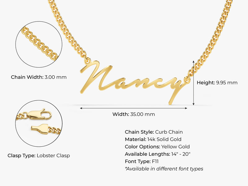 14k Solid Gold Cuban Chain Cursive Name Necklace