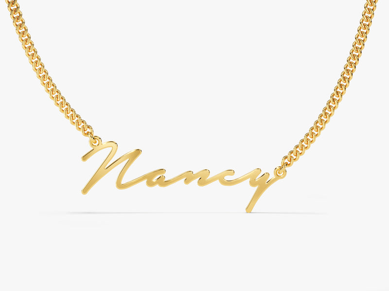 14k Solid Gold Cuban Chain Cursive Name Necklace