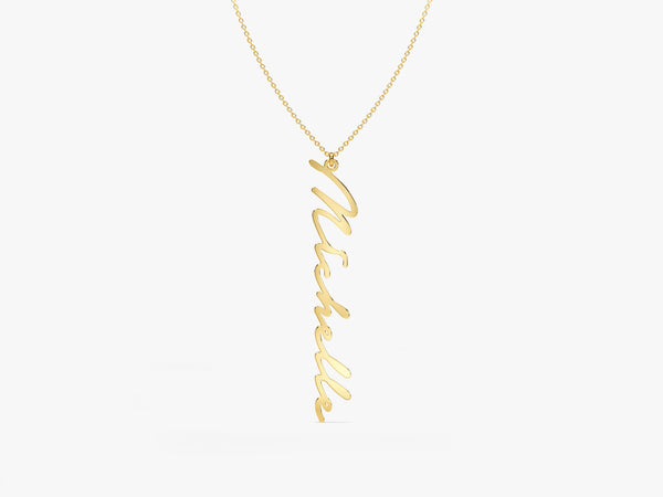 14k Solid Gold Cursive Font Vertical Name Necklace