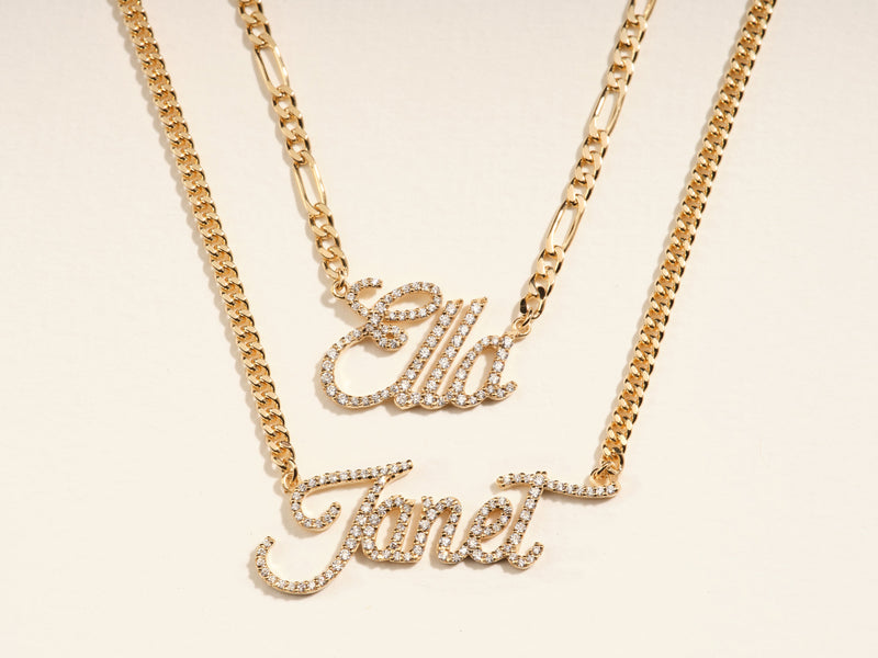 14k Solid Gold Figaro Chain Diamond Name Necklace