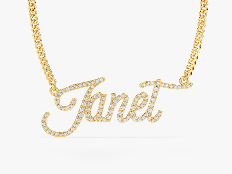 14k Solid Gold Cuban Chain Diamond Name Necklace