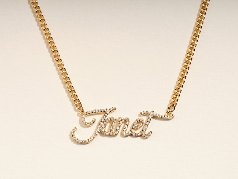 14k Solid Gold Cuban Chain Diamond Name Necklace