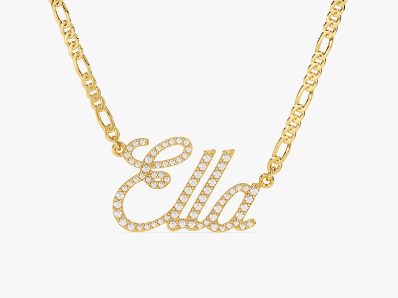 14k Solid Gold Figaro Chain Diamond Name Necklace