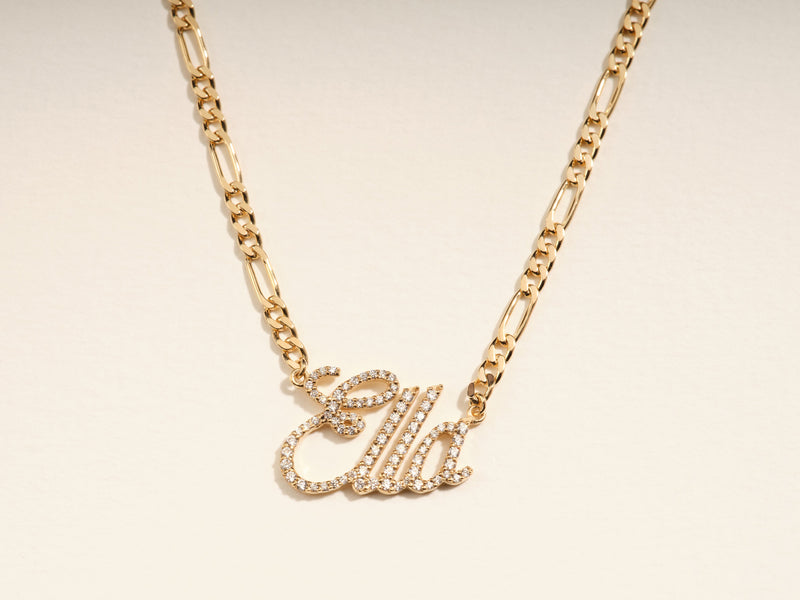 14k Solid Gold Figaro Chain Diamond Name Necklace