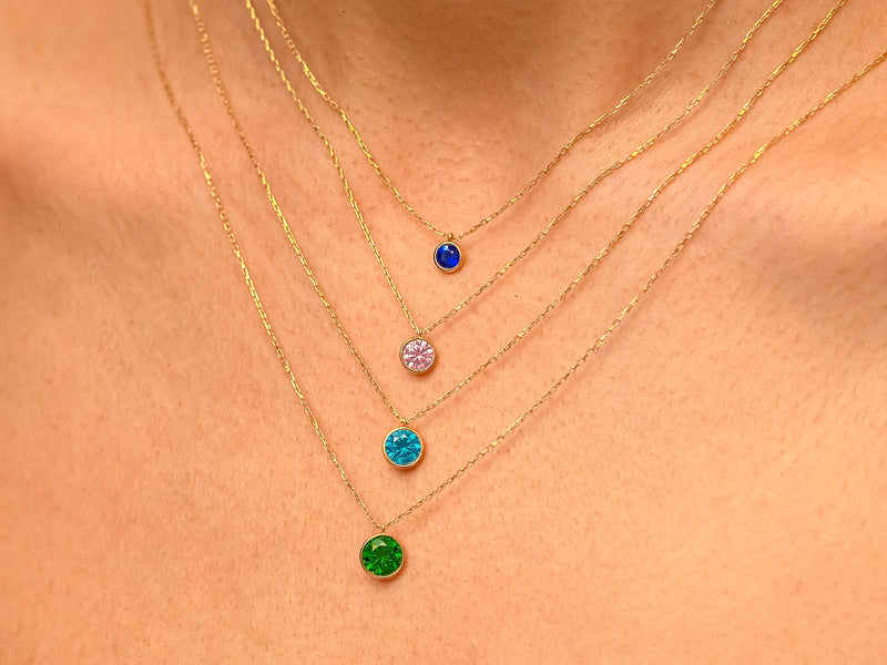 Bezel Set Round Birthstone Solitaire Necklace in 14k Solid Gold