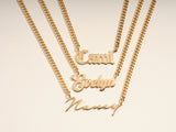 14k Solid Gold Cuban Chain Old English Font Name Necklace