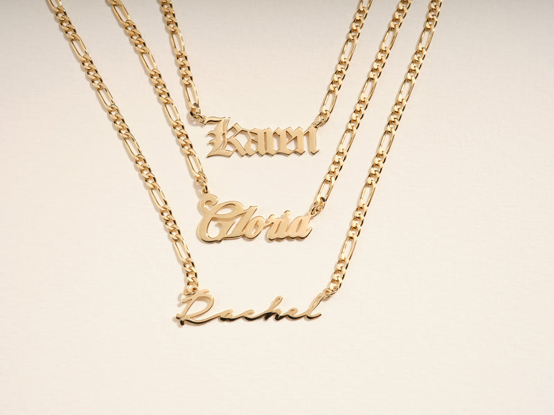 14k Solid Gold Figaro Old English Font Name Necklace