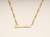 14k Solid Gold Figaro Chain Cursive Font Name Necklace