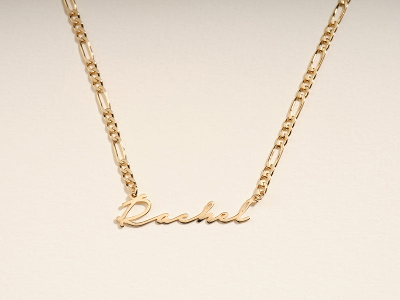 14k Solid Gold Figaro Chain Cursive Font Name Necklace