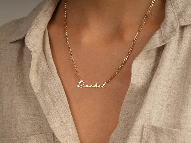 14k Solid Gold Figaro Chain Cursive Font Name Necklace