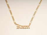 14k Solid Gold Figaro Old English Font Name Necklace