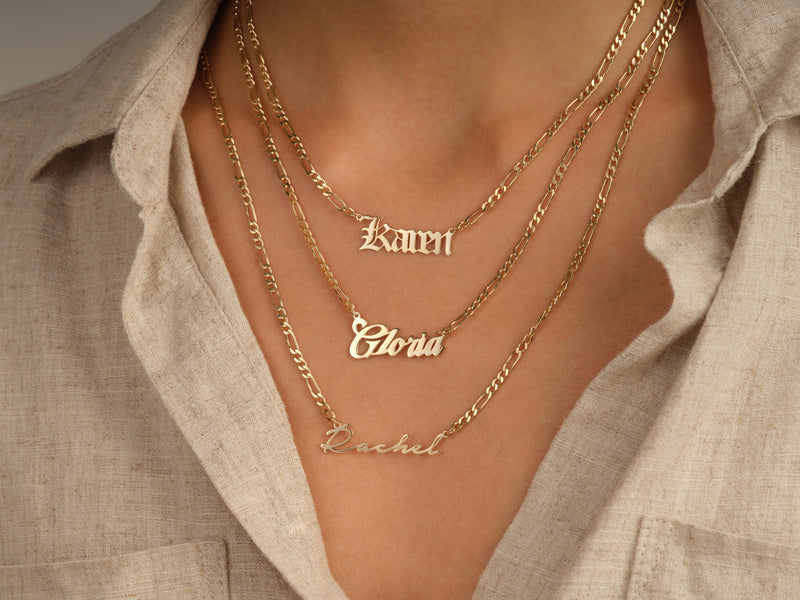 14k Solid Gold Figaro Chain Cursive Font Name Necklace