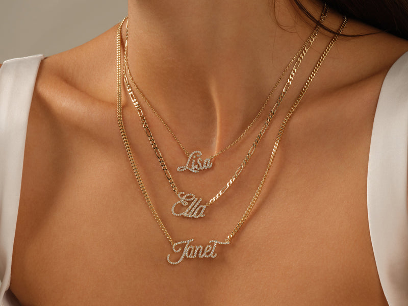 14k Solid Gold Cuban Chain Diamond Name Necklace