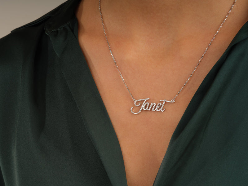 14k Solid Gold Cursive Diamond Name Necklace