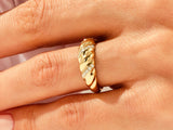 Yellow, White, Rose, 14k gold, 18k gold, Modern Yellow Gold Pave Diamond Croissant Ring on a Woman's Finger