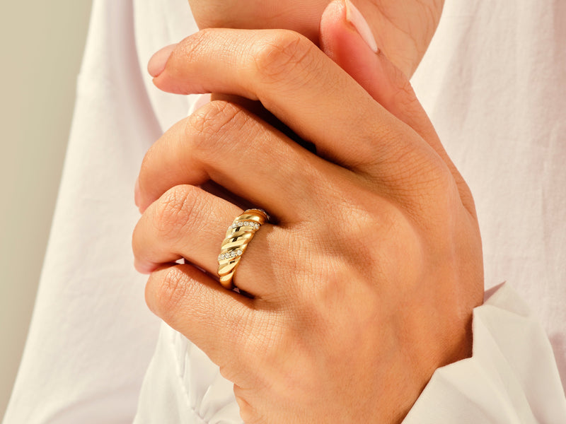 Yellow, White, Rose, 14k gold, 18k gold, Modern Yellow Gold Pave Diamond Croissant Ring on a Woman's Finger