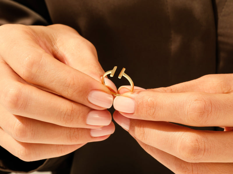 Yellow, White, Rose, 14k gold, 18k gold, Yellow Gold Stylish Open T Ring on the tip of a woman's finger