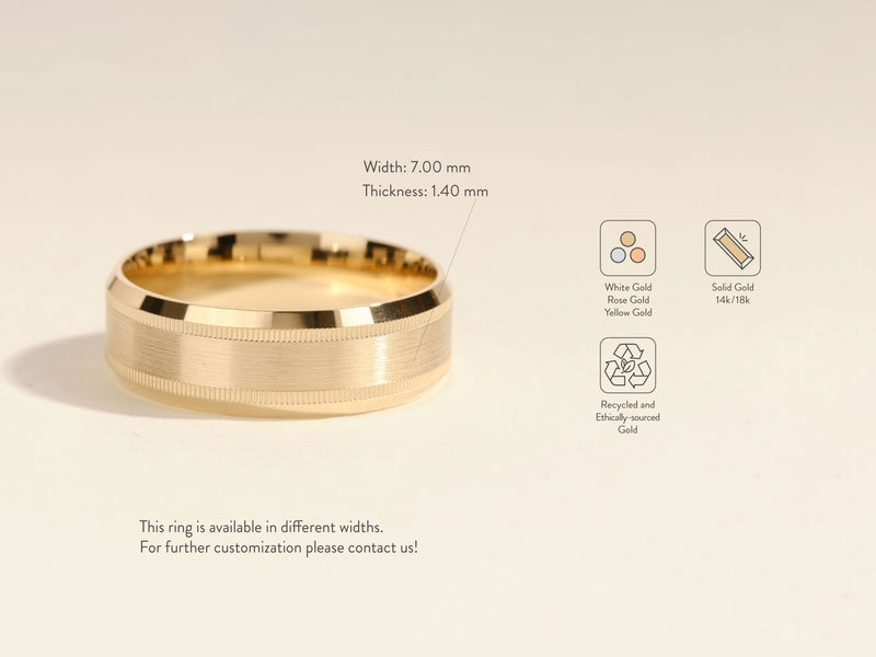 7mm Milgrain and Beveled Edge Men's Gold Wedding Band