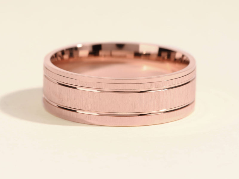 7mm Horizontal Thick Brushed and Double Grooved Men's Gold Wedding Band