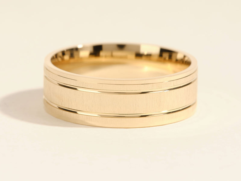 7mm Horizontal Thick Brushed and Double Grooved Men's Gold Wedding Band