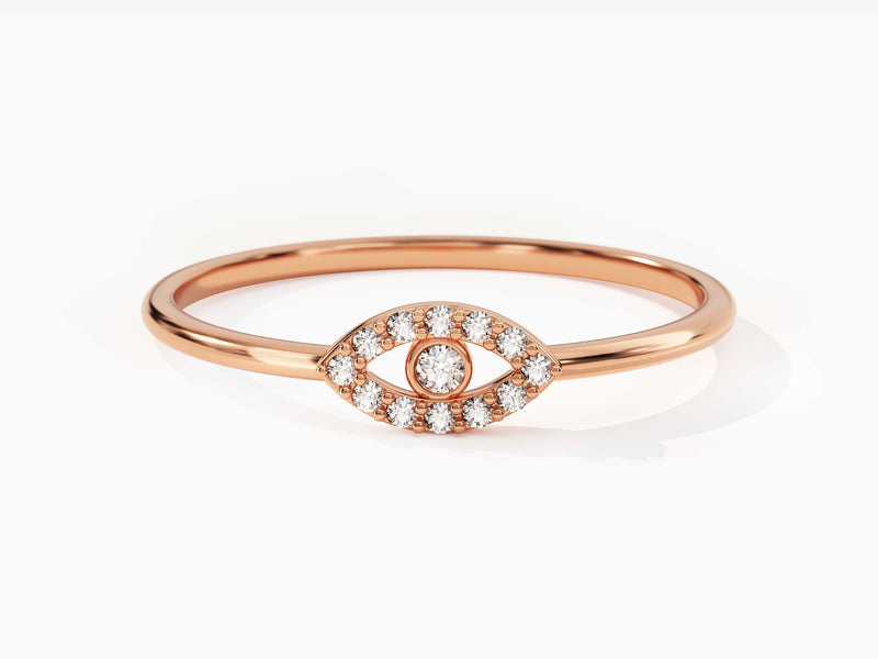 14k Gold, 18k Gold, Yellow, White, Rose, Diamond Evil Eye Ring in 14k Rose Gold on a Woman's Finger